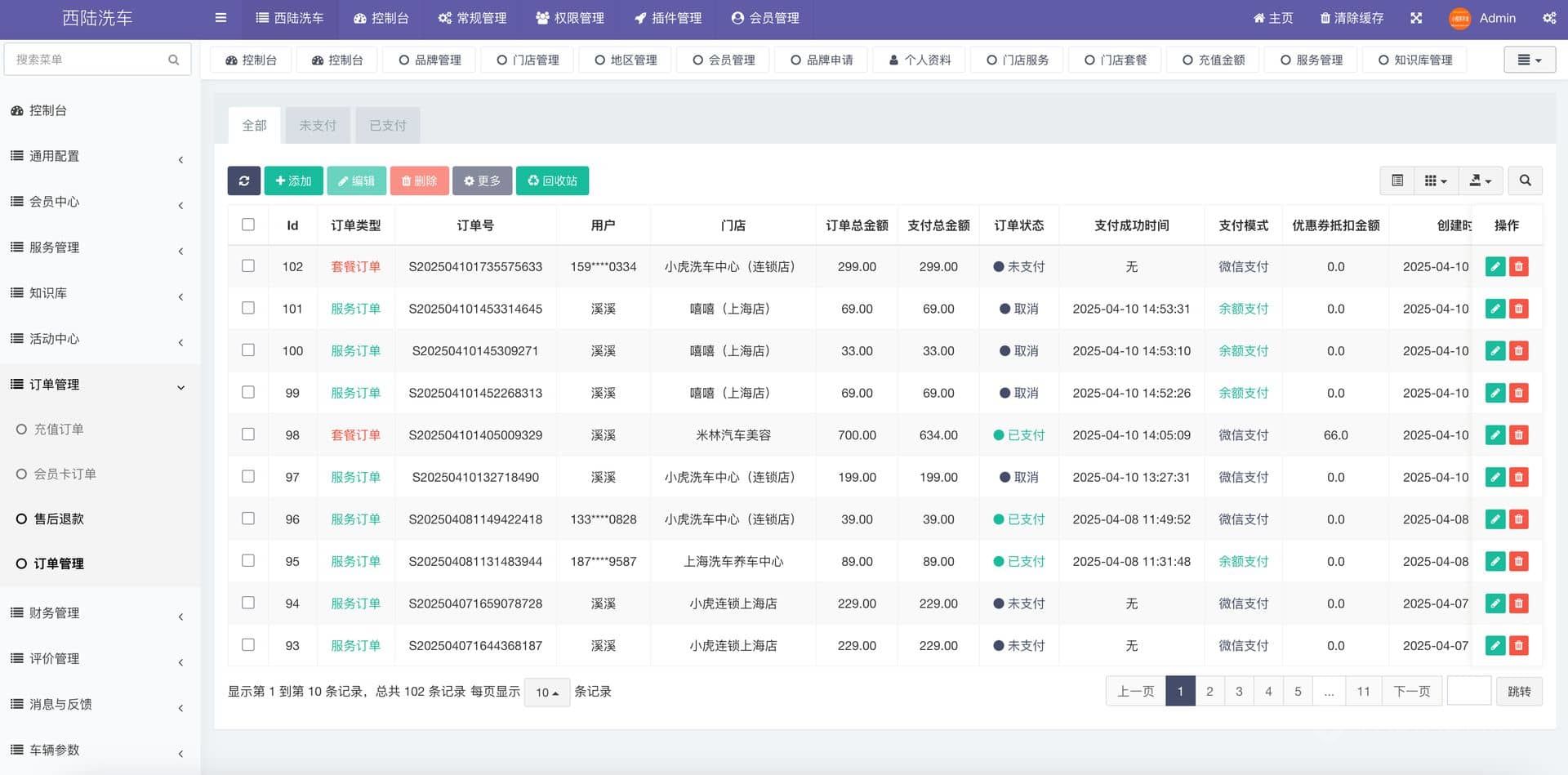 西陆洗车系统 管理后台截图