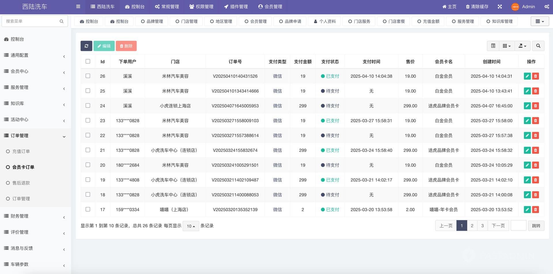 西陆洗车系统 管理后台截图